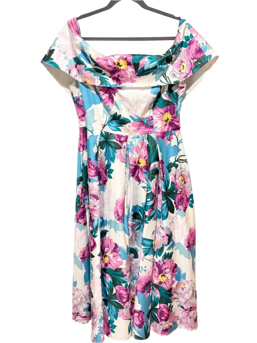 Beautiful ASOS Off-Shoulder Floral Fit & Flare Dress in White, Pink and Teal